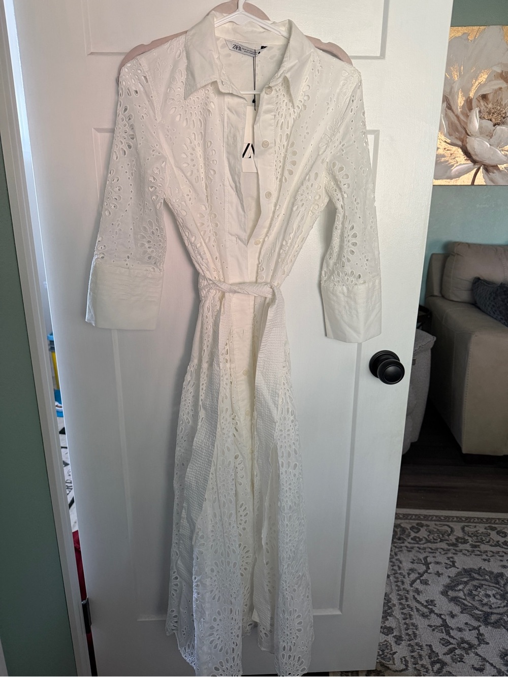 Zara White Eyelet Button-Up Shirt Dress